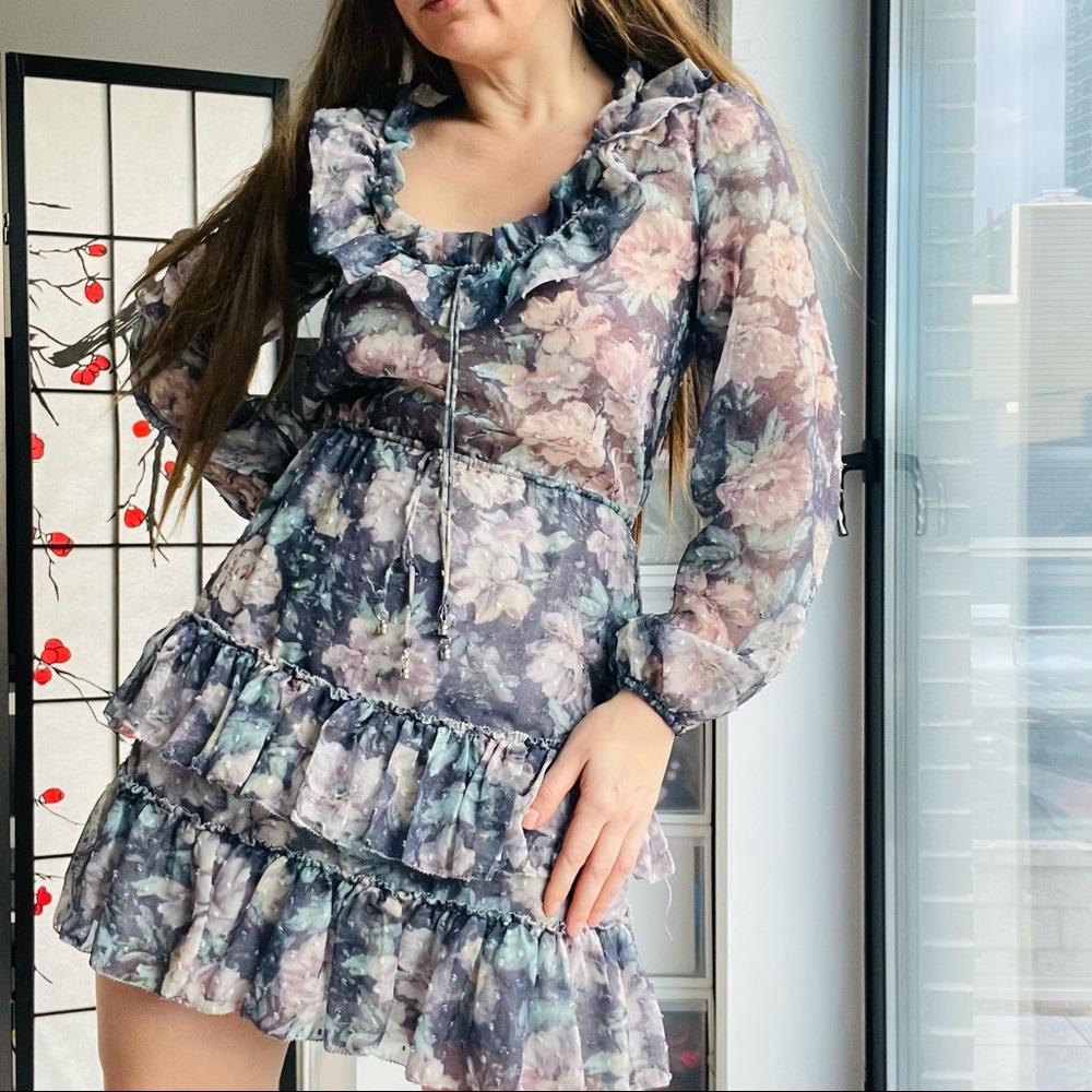 Anthropologie Ruffle Watercolored Floral Bishop Sheer Tiered Floral Dress